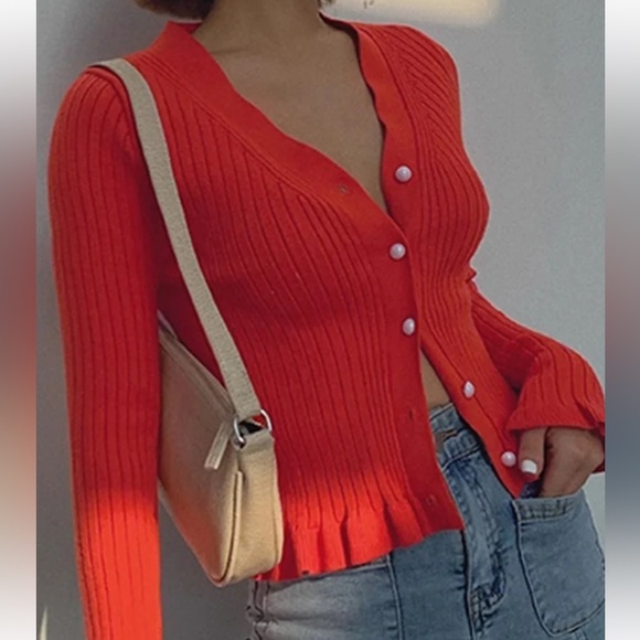 Commense Size L Ruffled Trim Button-Front Long Sleeve Cardigan - Picture 1 of 5